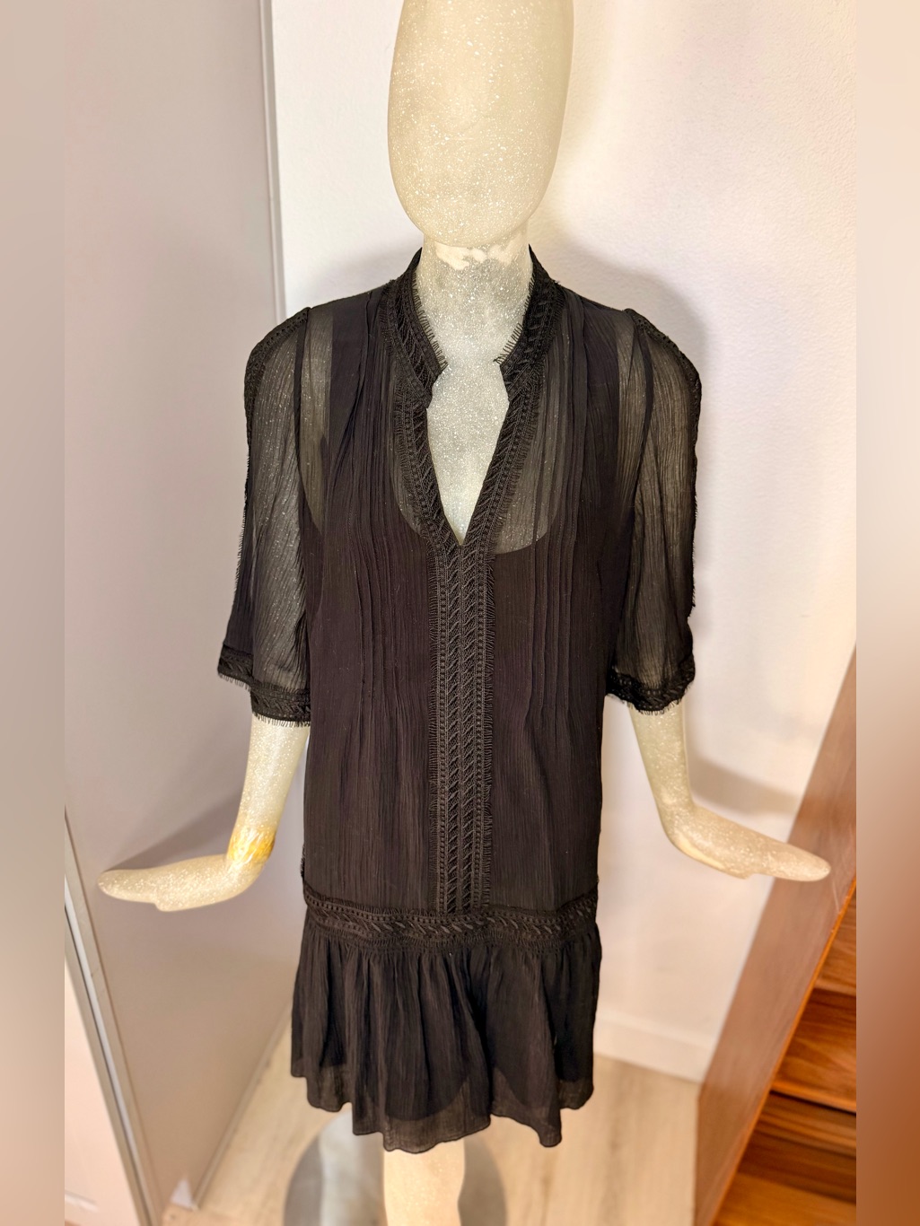 Kobi Halperin Justina Cold Shouldered Black Crochet-Trim Dress. Size Medium
